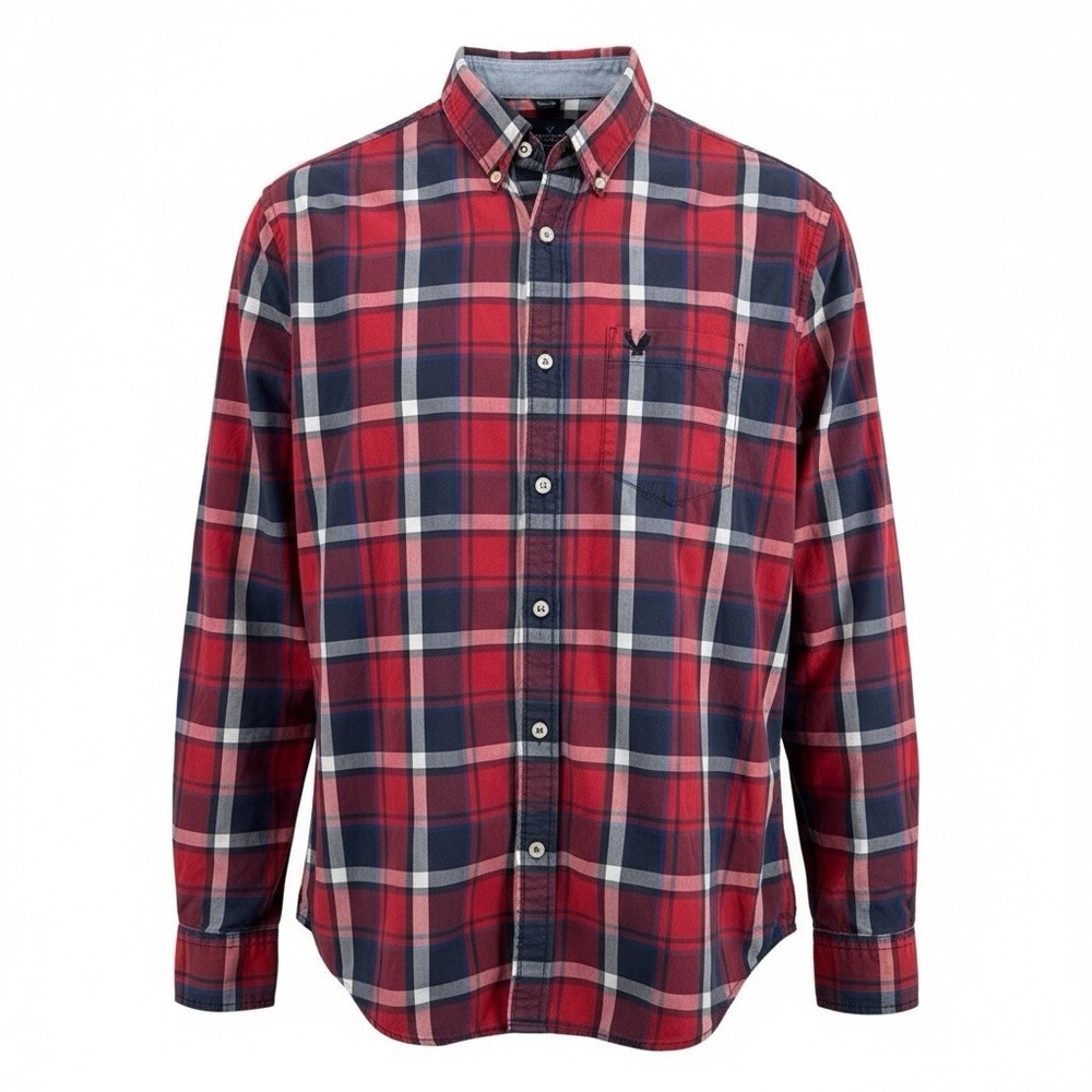 American Eagle Shirt Boys Size XL Red Blue Plaid Classic‎ Fit Long Sleeve